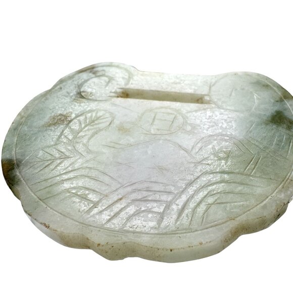 Antique Qing Hand-Carved Plaque Green Jade Traditional Chinese Motif Double Side - Picture 1 of 11